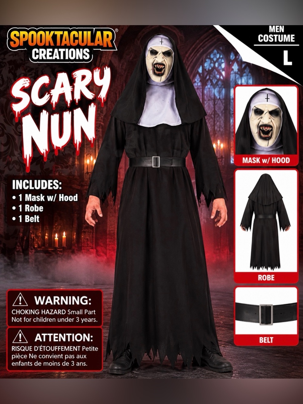 Men’s Scary Nun Halloween Costume Horror Mask Robe Adult Large L